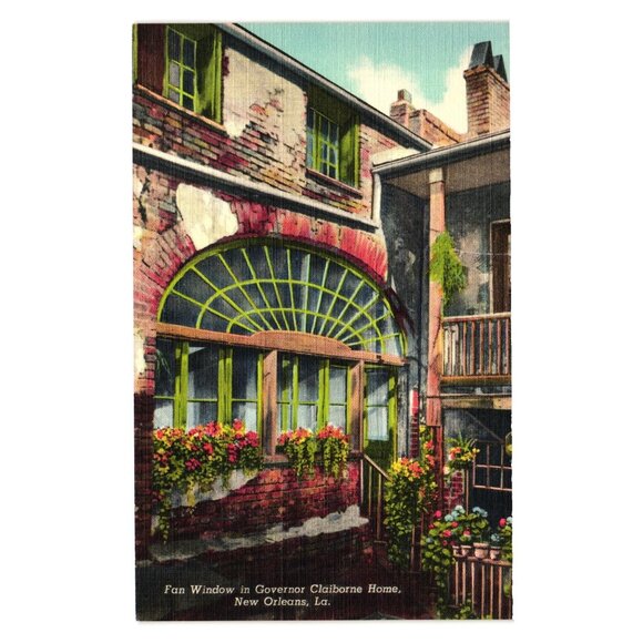 Fan Window Governor Claiborne Home Postcard New Orleans LA Vintage Linen Art - Picture 1 of 2